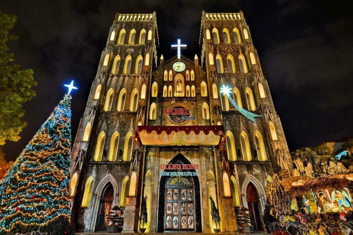 St. Joseph's Cathedral lit up for Christmas in Hanoi